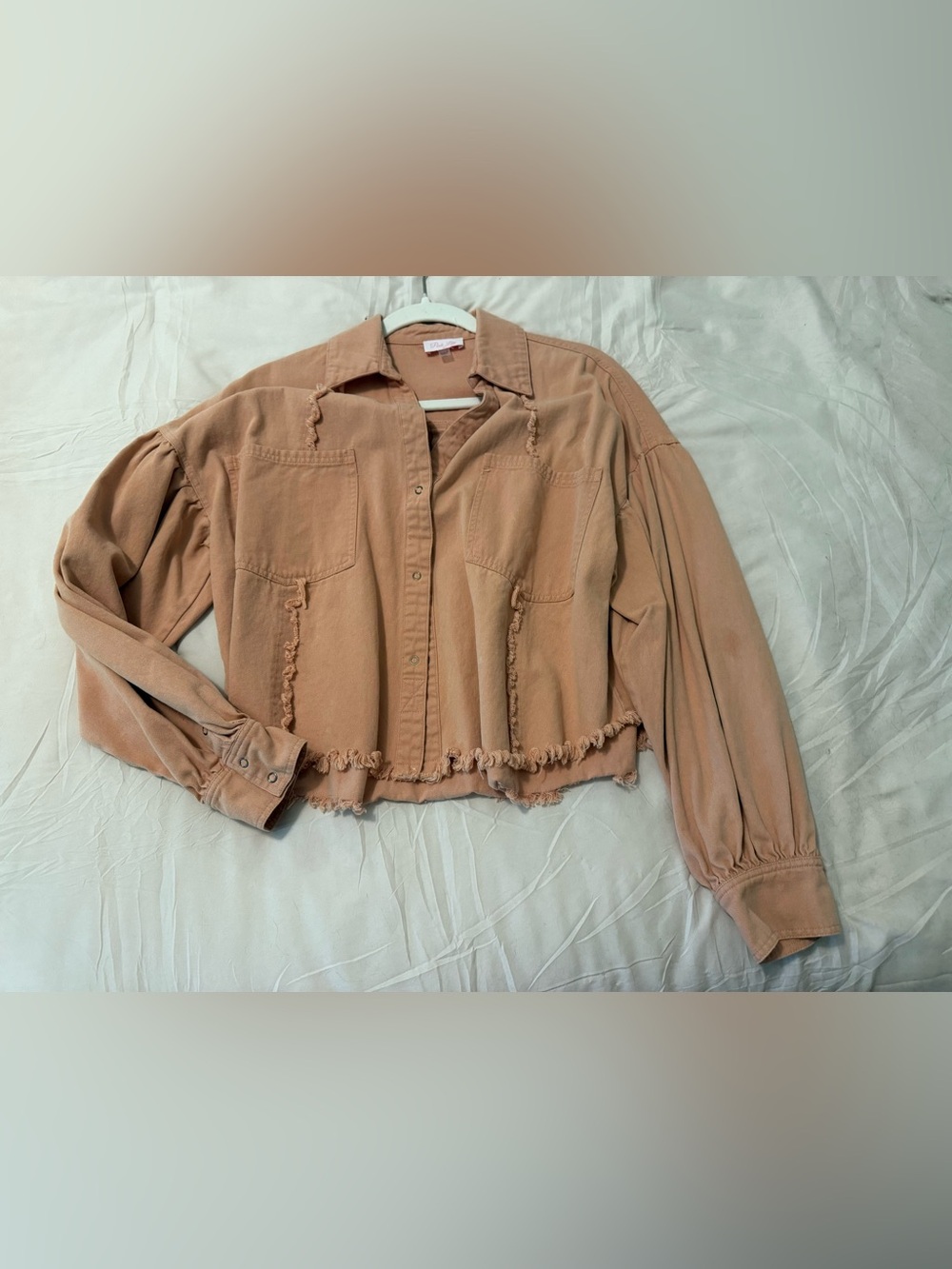 Pink Lily Cropped Frayed Hem Button-Down Shirt - Peachy Tan